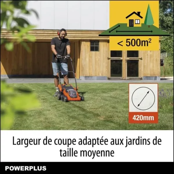 Powerplus Dual Power Tondeuse Gazon Batterie POWDPGLWS2 - Tondeuse à Gazon de 40 V, 420 mm Ø, Batterie et Chargeur inclus – Image 4